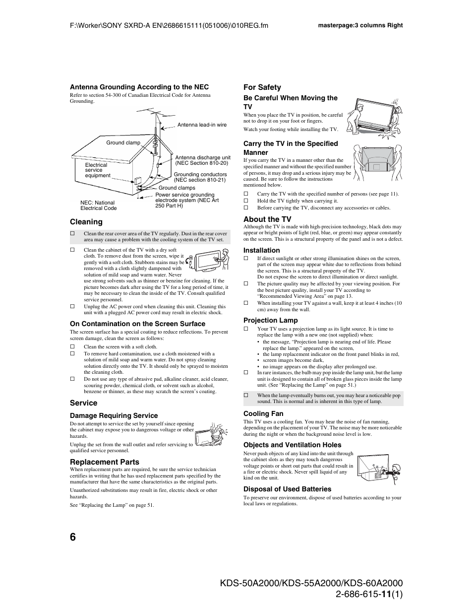 Cleaning, Service, Replacement parts | For safety, About the tv | Sony GRAND WEGA KDS-60A2000 User Manual | Page 6 / 67