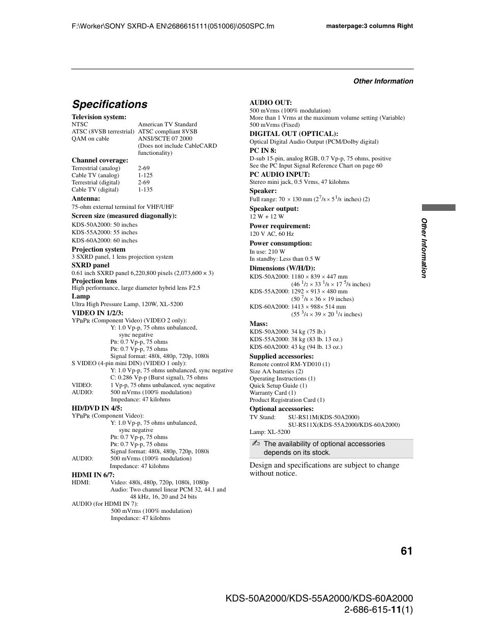 Specifications | Sony GRAND WEGA KDS-60A2000 User Manual | Page 61 / 67