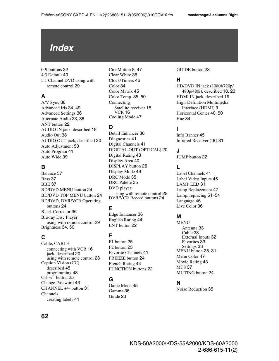 Index | Sony GRAND WEGA KDS-60A2000 User Manual | Page 62 / 67