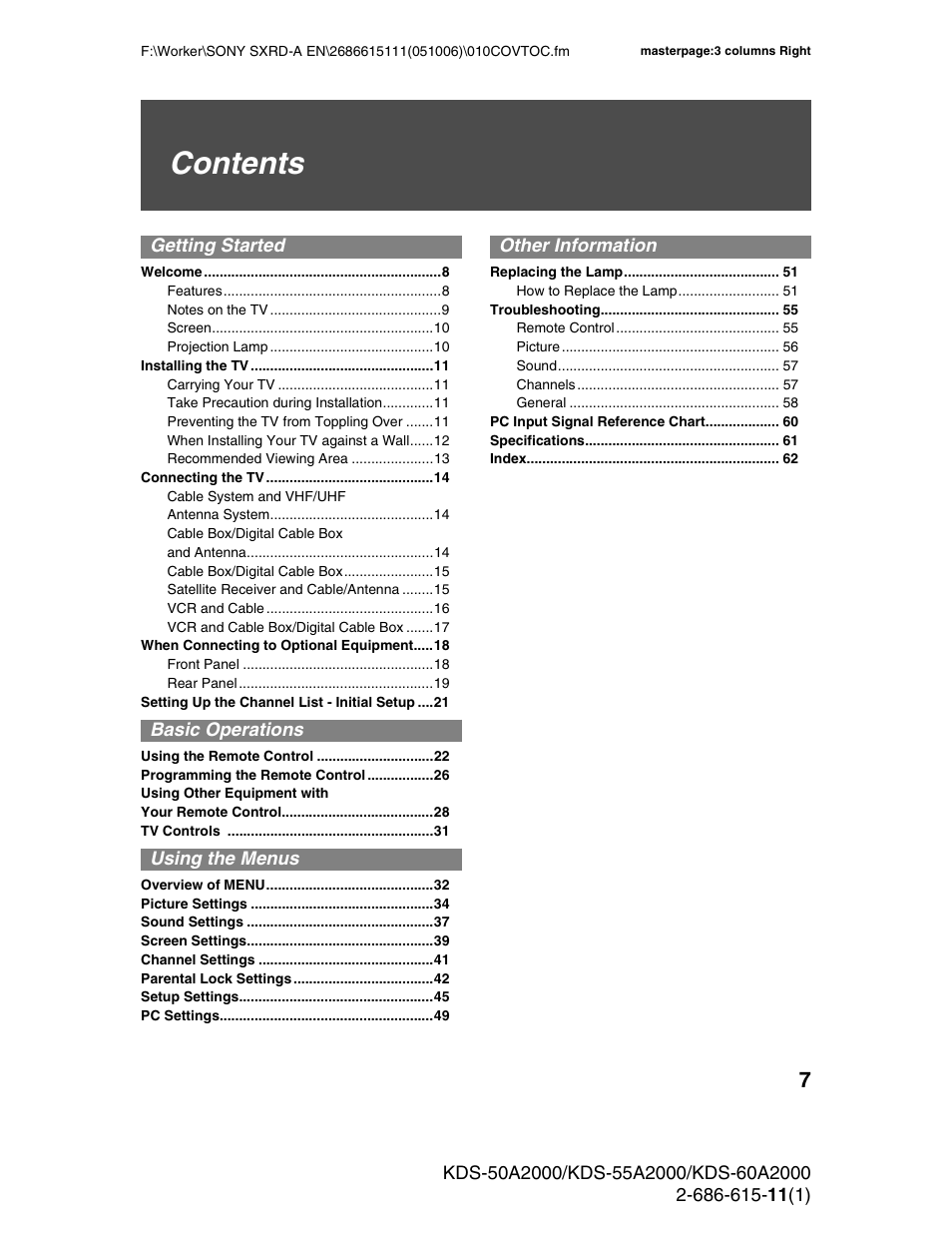 Sony GRAND WEGA KDS-60A2000 User Manual | Page 7 / 67