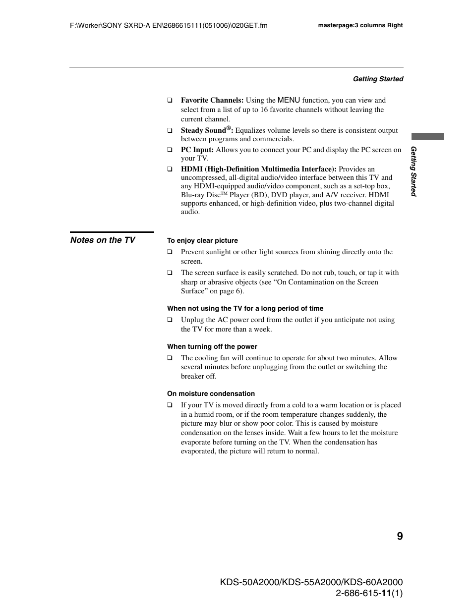 Notes on the tv | Sony GRAND WEGA KDS-60A2000 User Manual | Page 9 / 67