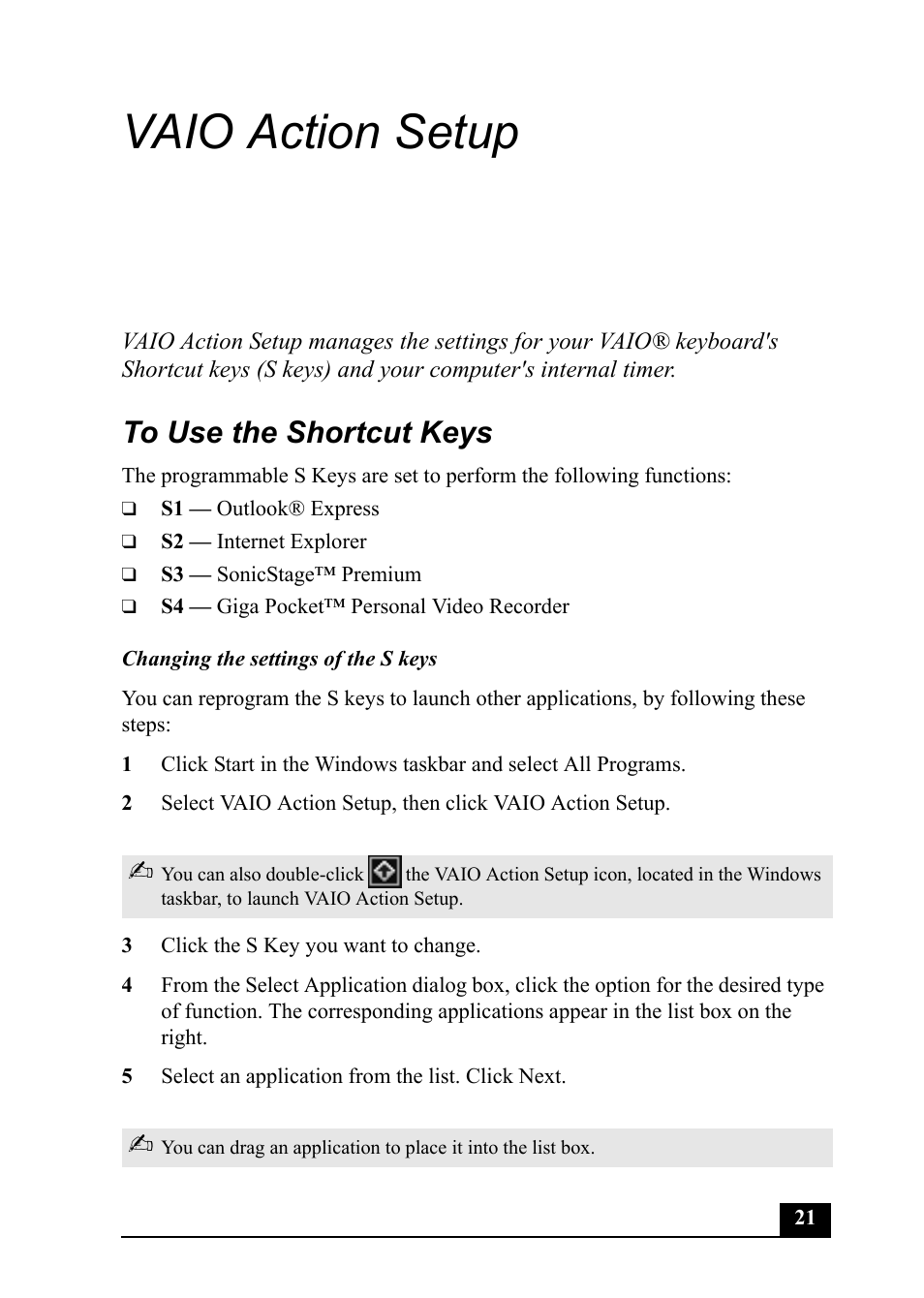 Vaio action setup | Sony PCV-MXS20 User Manual | Page 21 / 100