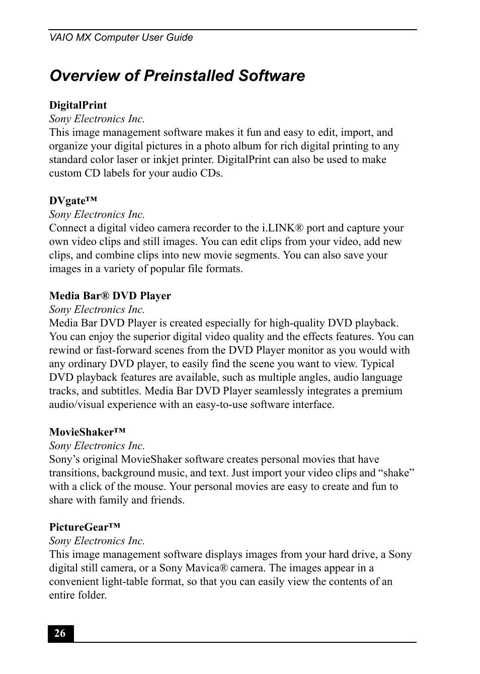 Overview of preinstalled software | Sony PCV-MXS20 User Manual | Page 26 / 100