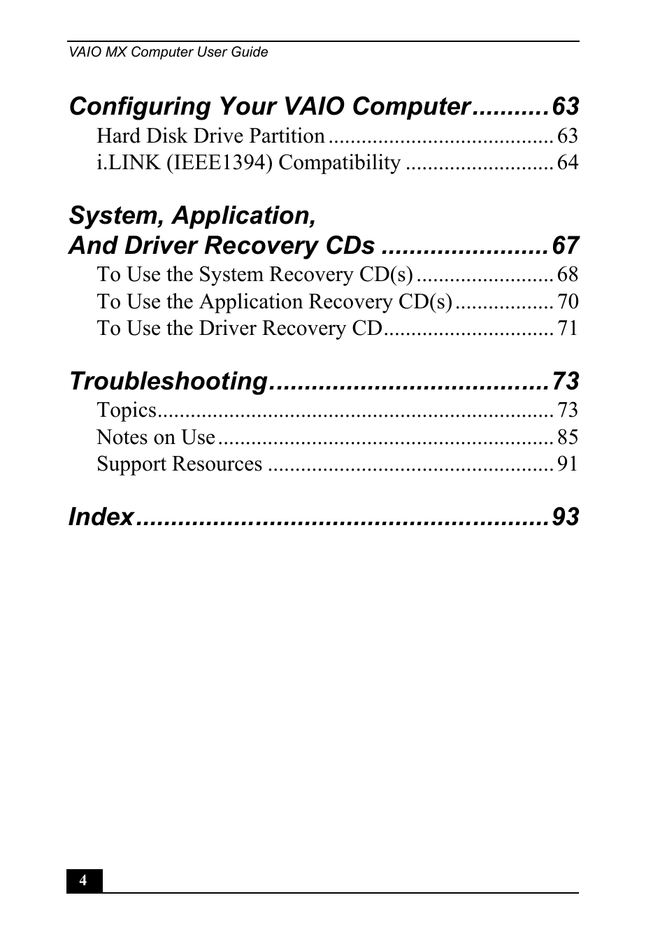 Configuring your vaio computer, System, application, and driver recovery cds, Troubleshooting | Index | Sony PCV-MXS20 User Manual | Page 4 / 100