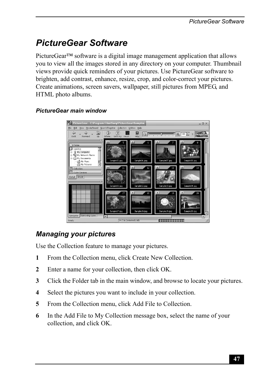 Picturegear software | Sony PCV-MXS20 User Manual | Page 47 / 100