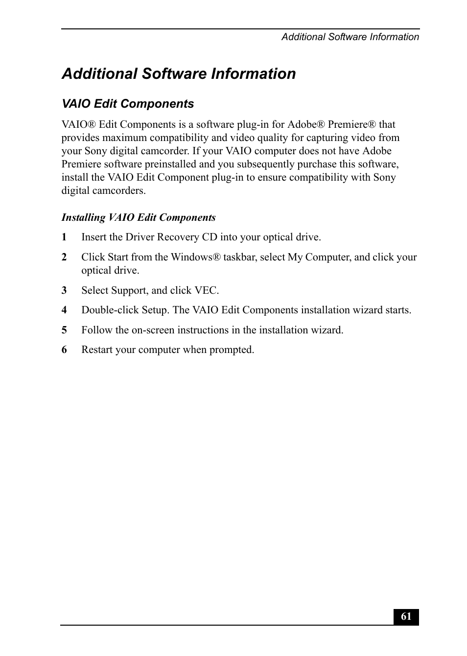 Additional software information | Sony PCV-MXS20 User Manual | Page 61 / 100