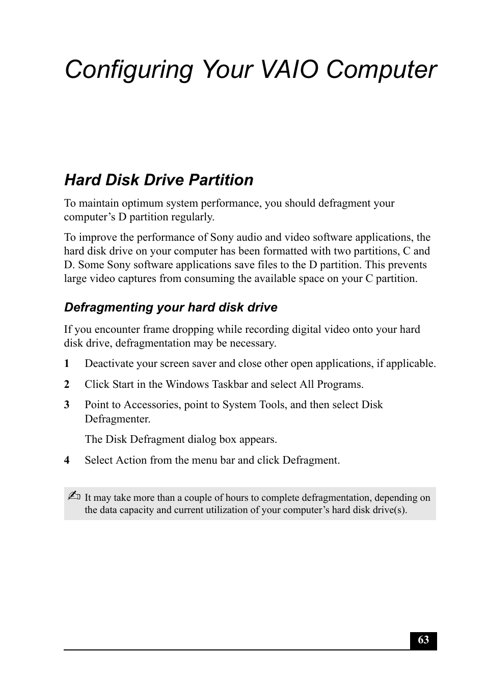 Configuring your vaio computer, Hard disk drive partition | Sony PCV-MXS20 User Manual | Page 63 / 100