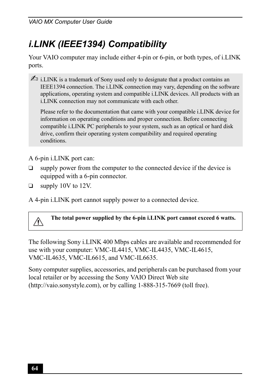 I.link (ieee1394) compatibility | Sony PCV-MXS20 User Manual | Page 64 / 100