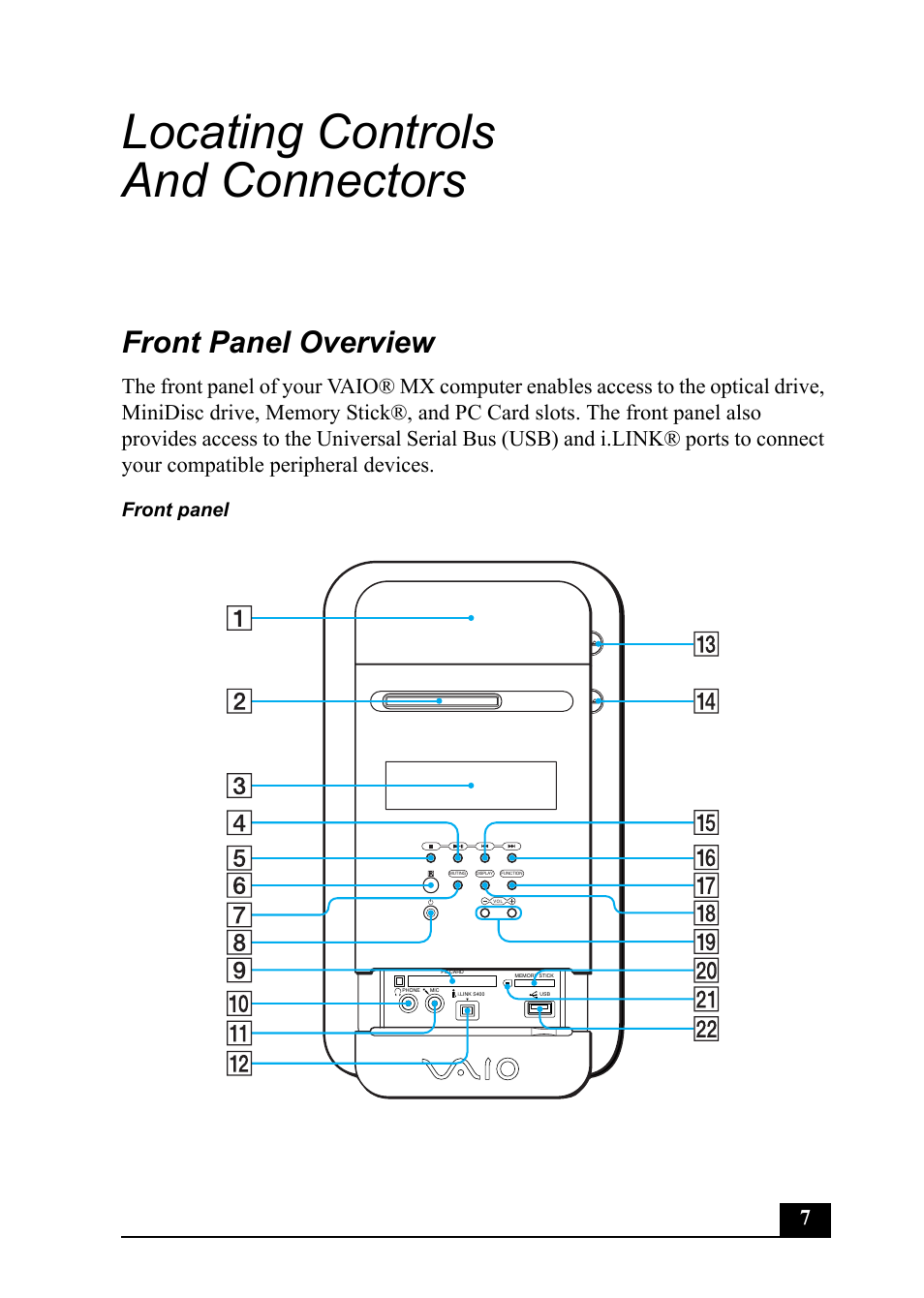 Locating controls and connectors, Front panel overview, Front panel | Sony PCV-MXS20 User Manual | Page 7 / 100