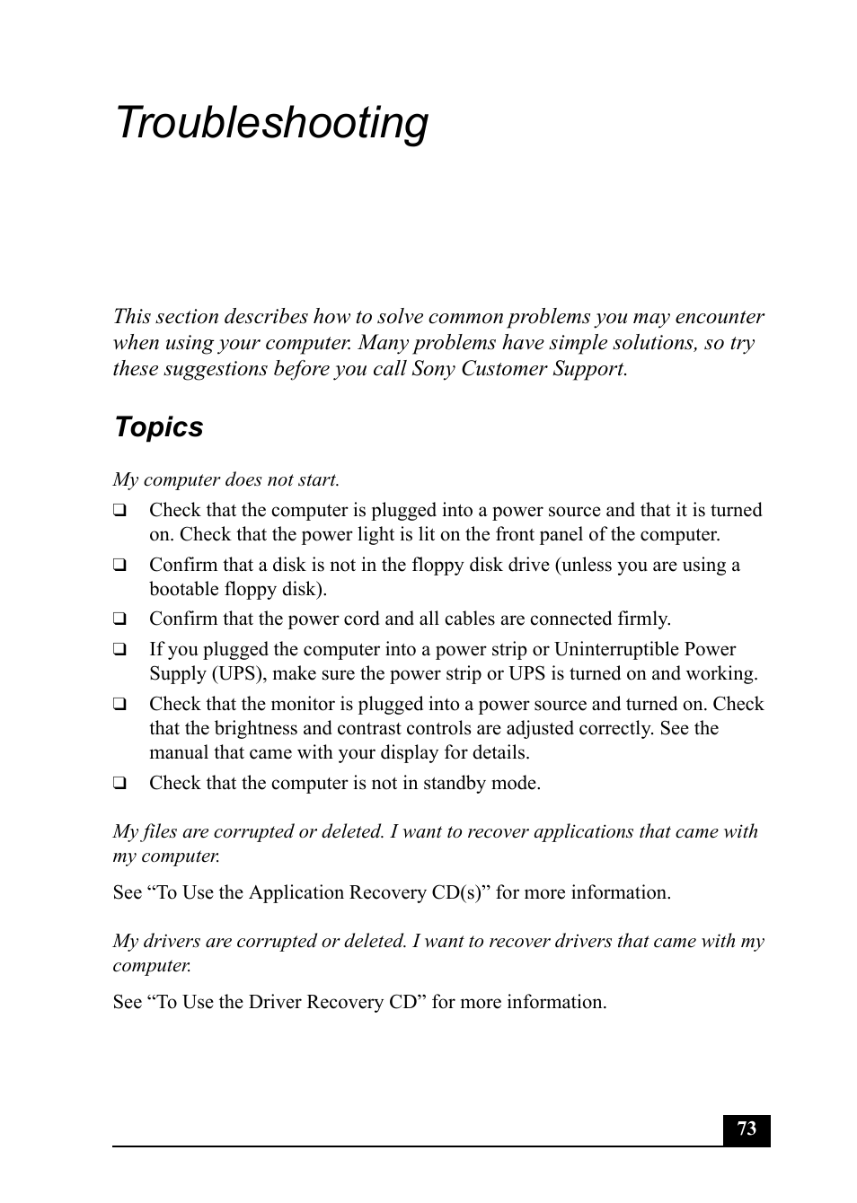 Troubleshooting, Topics | Sony PCV-MXS20 User Manual | Page 73 / 100