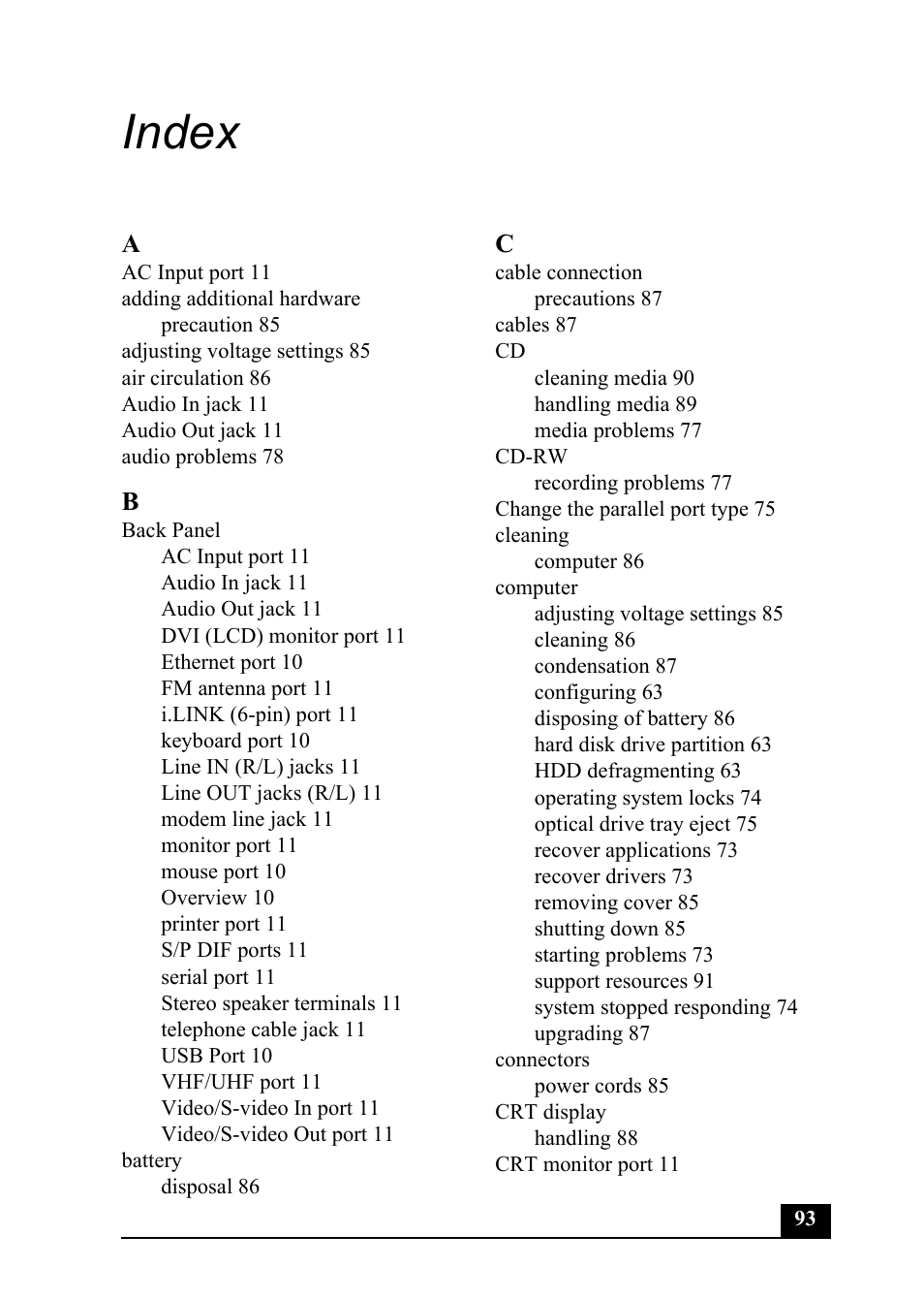 Index | Sony PCV-MXS20 User Manual | Page 93 / 100