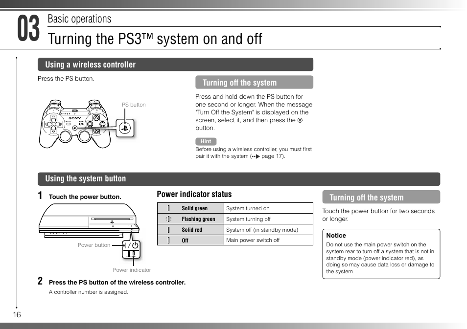 Turning the ps3™ system on and off, Basic operations | Sony 80GB Playstation 3 4-107-608-11 User Manual | Page 16 / 100