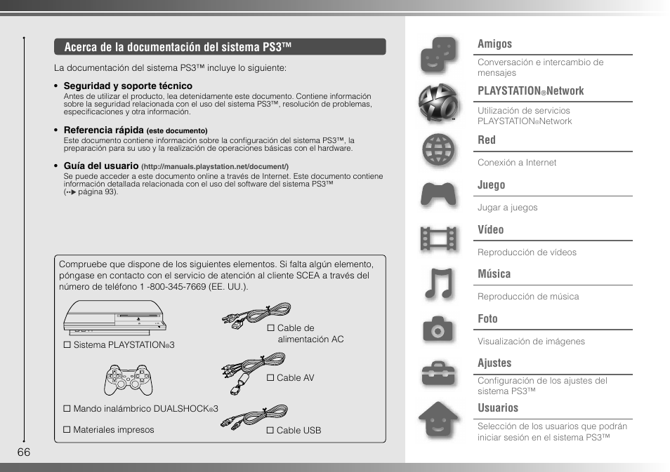 66 acerca de la documentación del sistema ps3, Amigos, Playstation | Network, Juego, Vídeo, Música, Foto, Ajustes, Usuarios | Sony 80GB Playstation 3 4-107-608-11 User Manual | Page 66 / 100