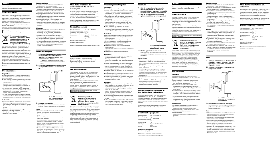 Advertencia, Precauciones, Modo de empleo 1 | Especificaciones, Avvertenza, Precauzioni, Voorzorgsmaatregelen, Gebruik, De netspanningsadapter in het buitenland gebruiken, Technische gegevens | Sony AC U50A User Manual | Page 2 / 2