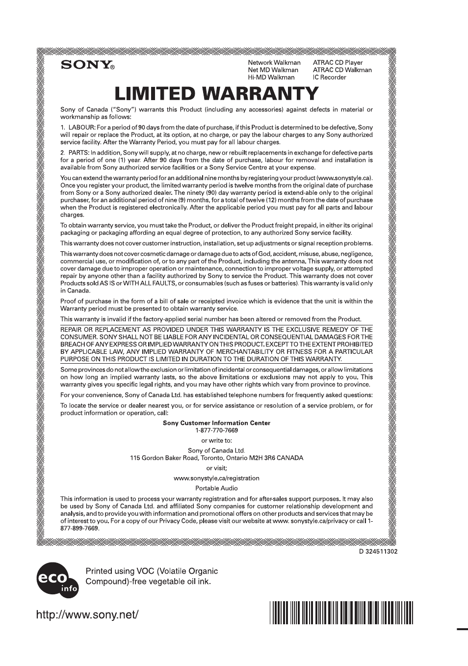 Recorder operation, Computer (see “recorder operation, This warranty is valid only in canada | Sony MZ-NH700 User Manual | Page 116 / 116