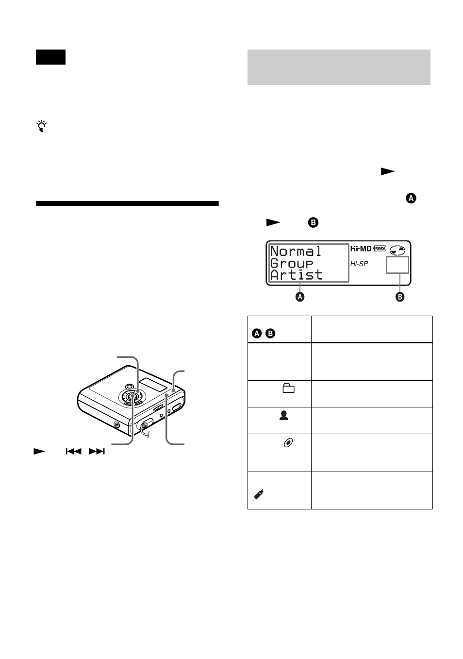 Selecting the play mode, Playing tracks in main play mode | Sony MZ-NH700 User Manual | Page 38 / 116