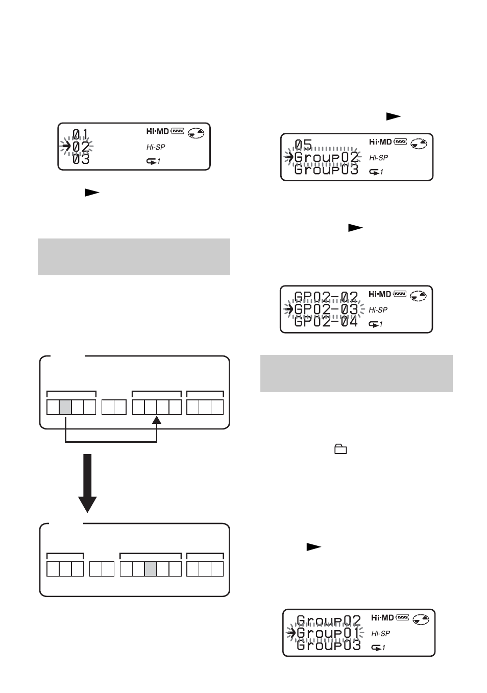 Moving a track in a disc with group setting, Changing the order of a group on a disc | Sony MZ-NH700 User Manual | Page 50 / 116