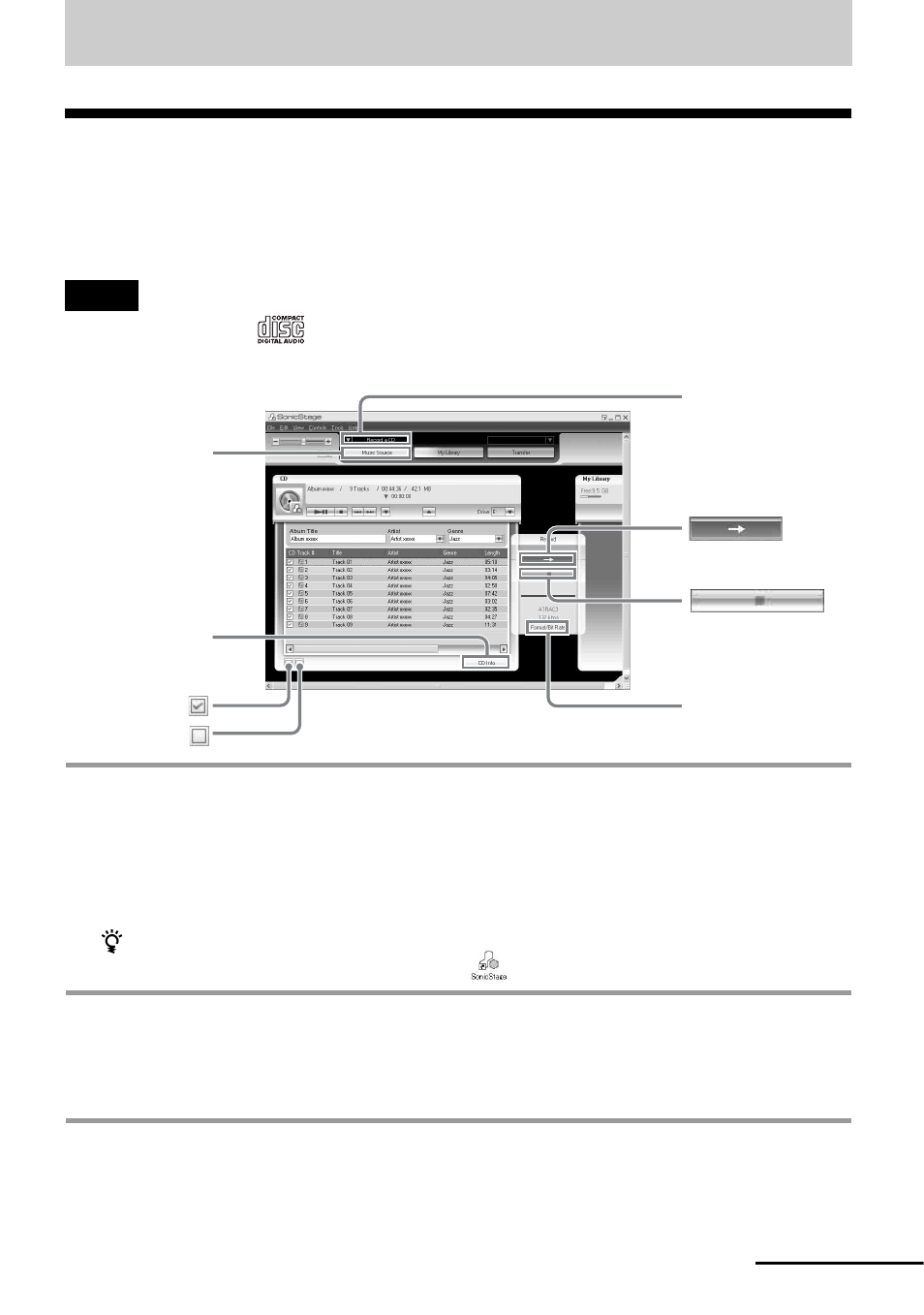 Using sonicstage, Importing audio data | Sony MZ-NH700 User Manual | Page 95 / 116