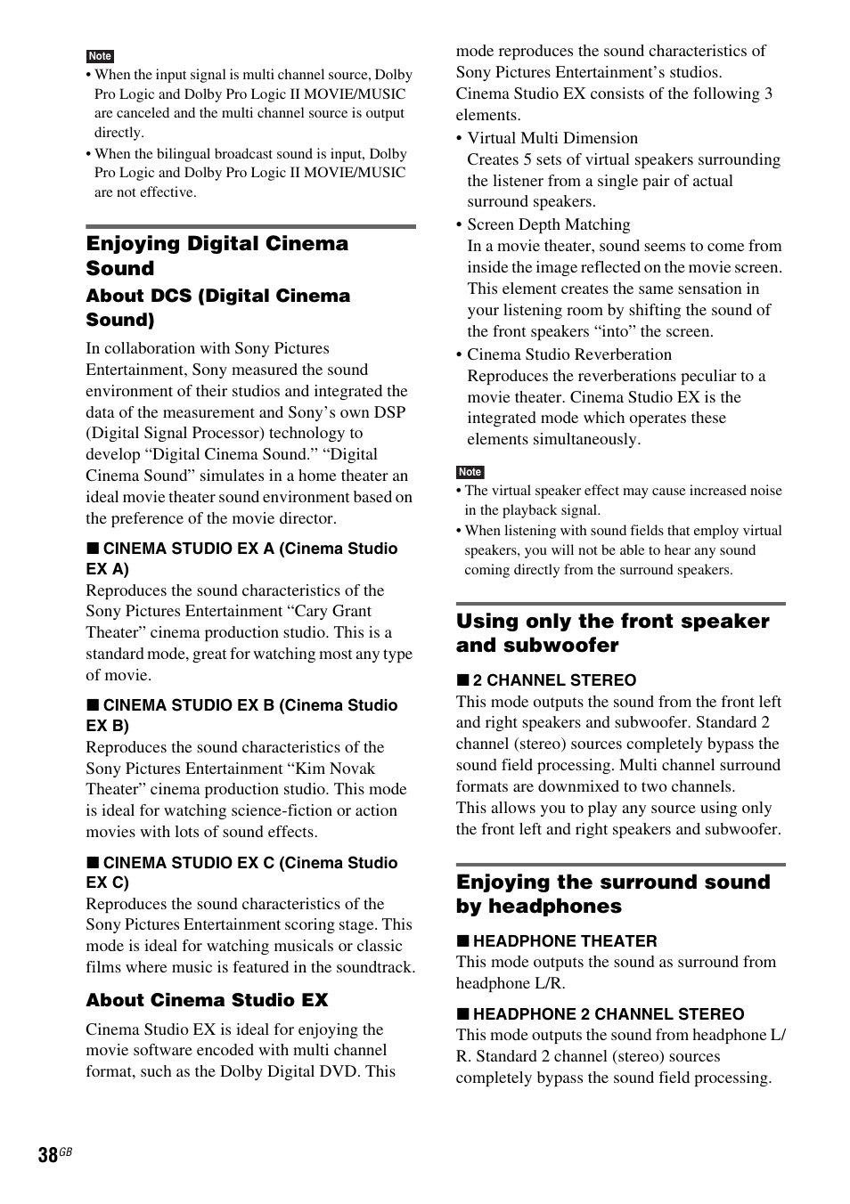 Enjoying digital cinema sound, Using only the front speaker and subwoofer, Enjoying the surround sound by headphones | Sony DAV-DZ810W User Manual | Page 38 / 112