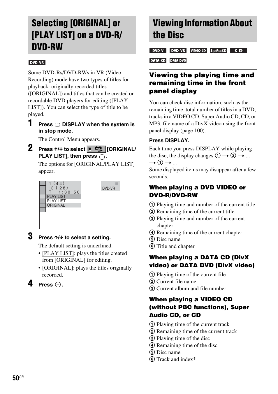 Viewing information about the disc, Selecting [original] or [play list, On a dvd-r/dvd-rw | Viewing information about, The disc | Sony DAV-DZ810W User Manual | Page 50 / 112