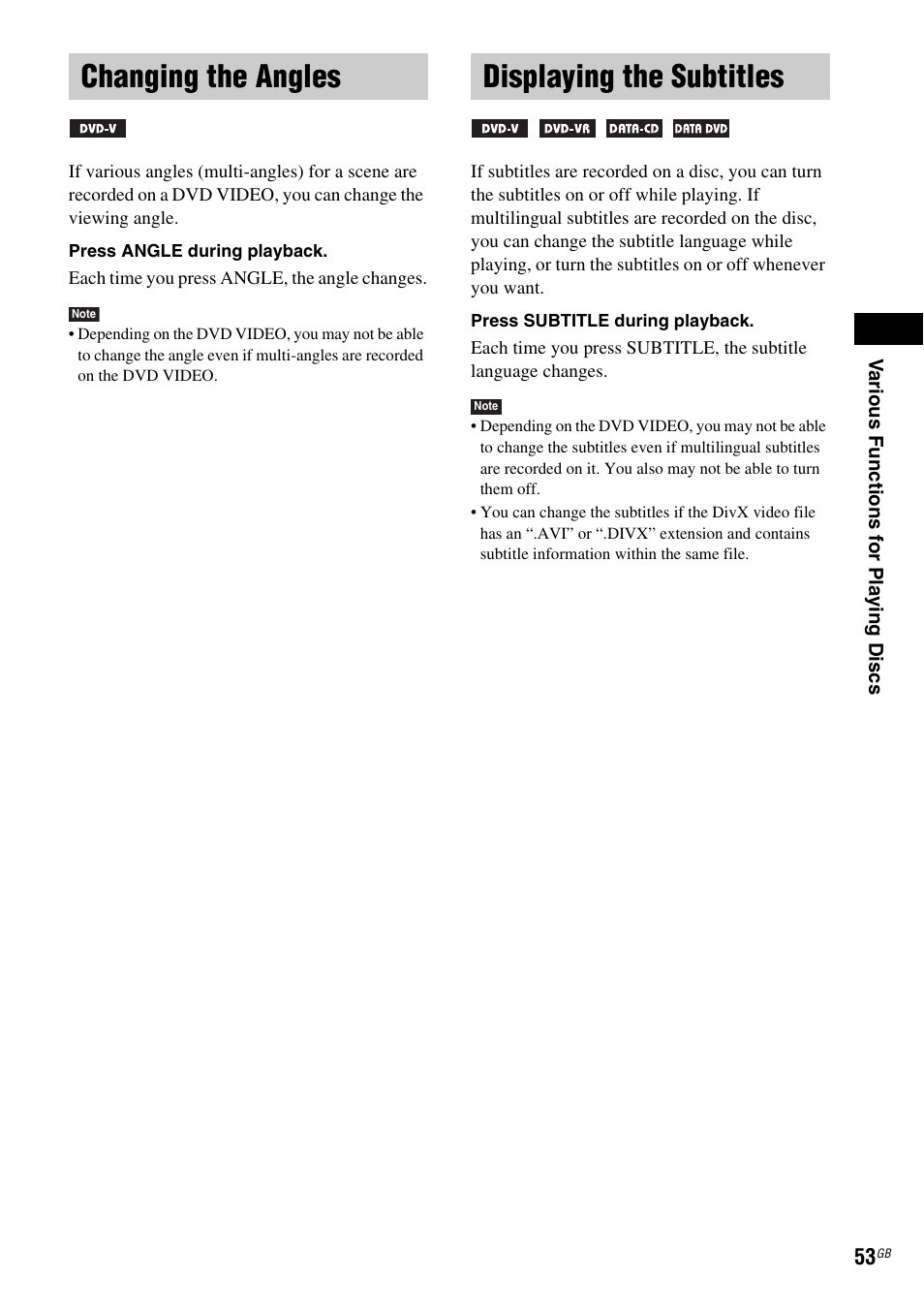 Changing the angles, Displaying the subtitles, Changing the angles displaying the subtitles | Sony DAV-DZ810W User Manual | Page 53 / 112