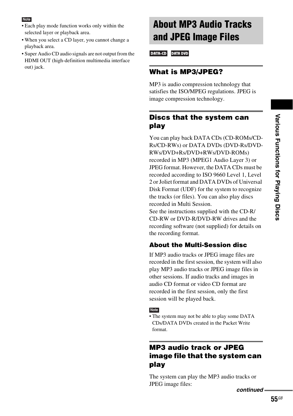 About mp3 audio tracks and jpeg image files, What is mp3/jpeg, Discs that the system can play | About mp3 audio tracks and jpeg, Image files | Sony DAV-DZ810W User Manual | Page 55 / 112