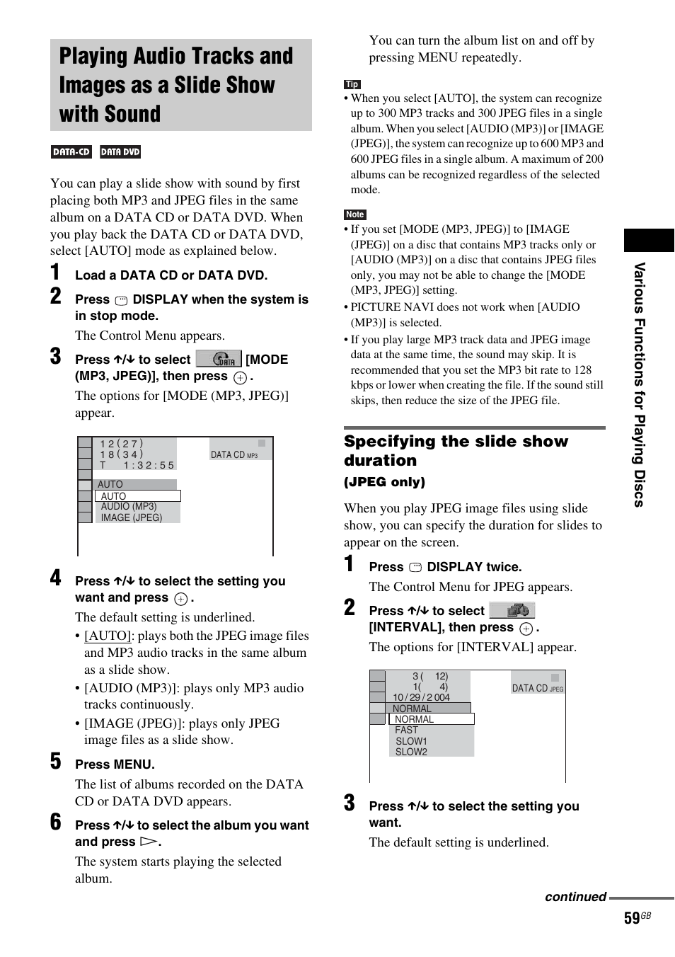 Specifying the slide show duration, Playing audio tracks and images as a, Slide show with sound | Sony DAV-DZ810W User Manual | Page 59 / 112