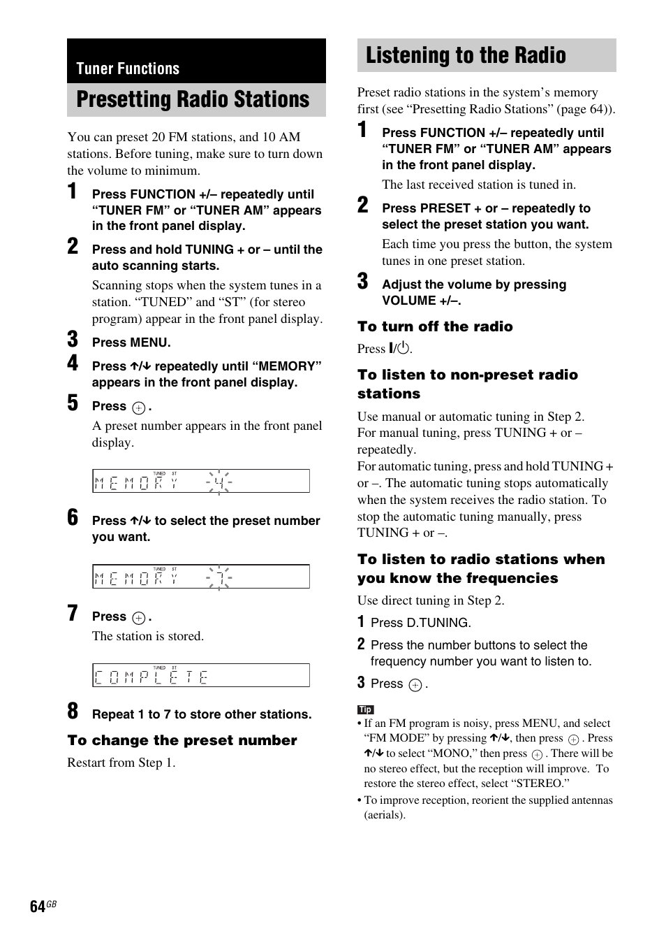 Tuner functions, Presetting radio stations, Listening to the radio | Presetting radio stations listening to the radio | Sony DAV-DZ810W User Manual | Page 64 / 112