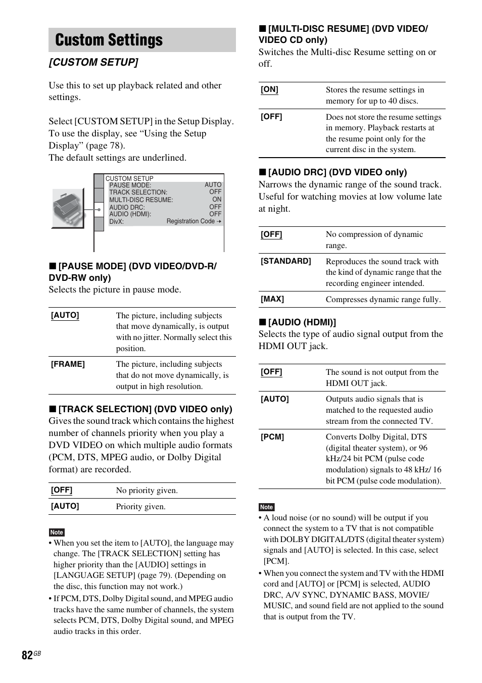 Custom settings, Custom setup | Sony DAV-DZ810W User Manual | Page 82 / 112