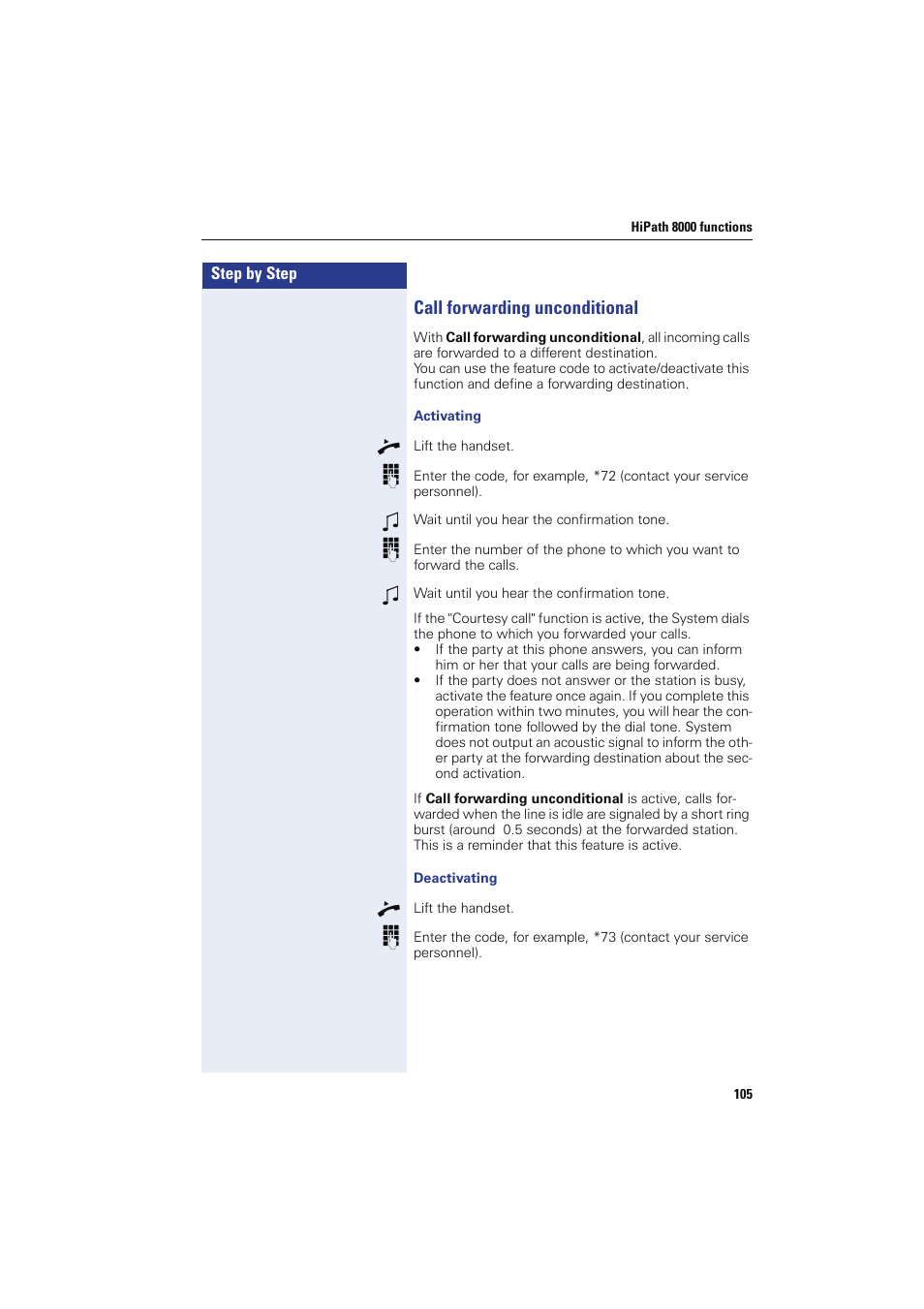 Call forwarding unconditional | Sony HIPATH 8000 User Manual | Page 105 / 140