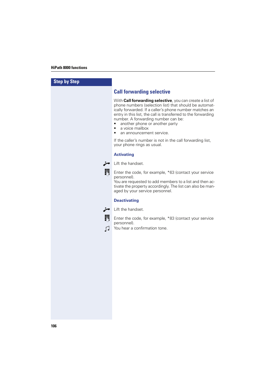 Call forwarding selective | Sony HIPATH 8000 User Manual | Page 106 / 140