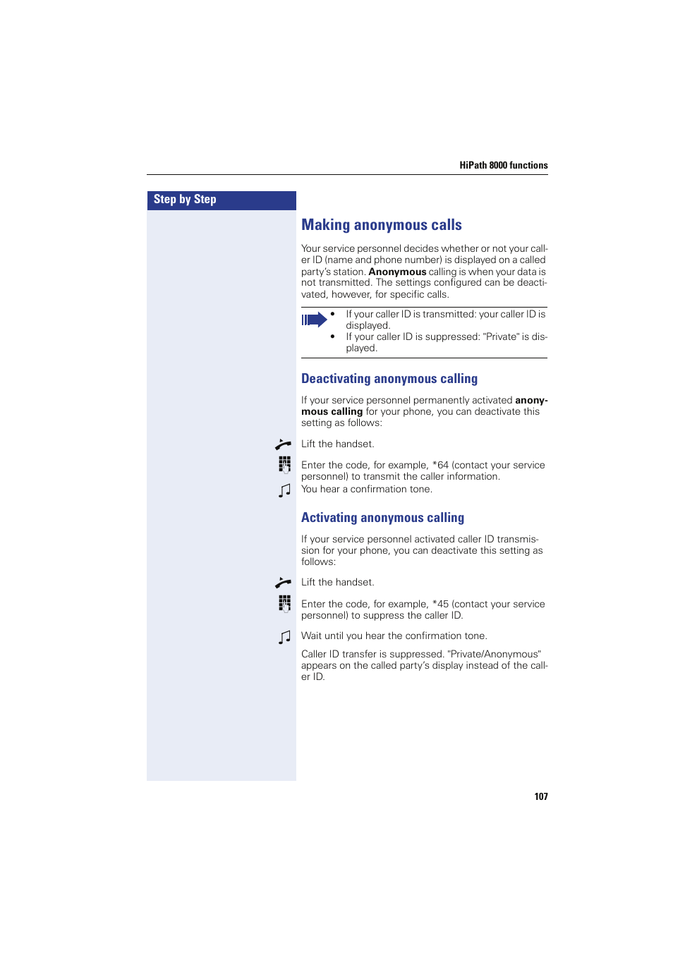 Making anonymous calls, Deactivating anonymous calling, Activating anonymous calling | Sony HIPATH 8000 User Manual | Page 107 / 140