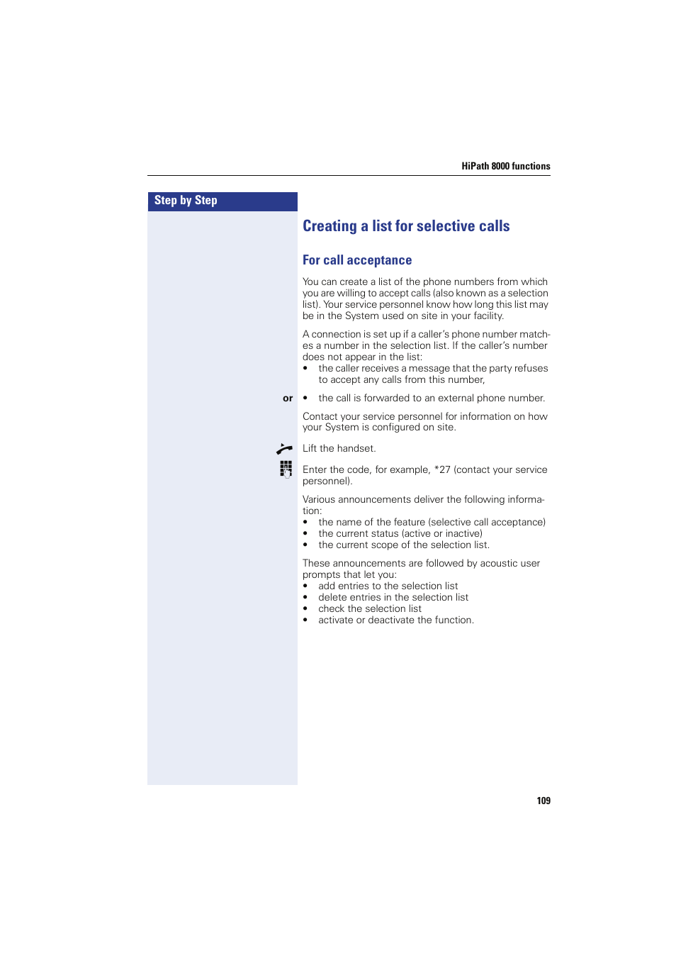 Creating a list for selective calls, For call acceptance | Sony HIPATH 8000 User Manual | Page 109 / 140