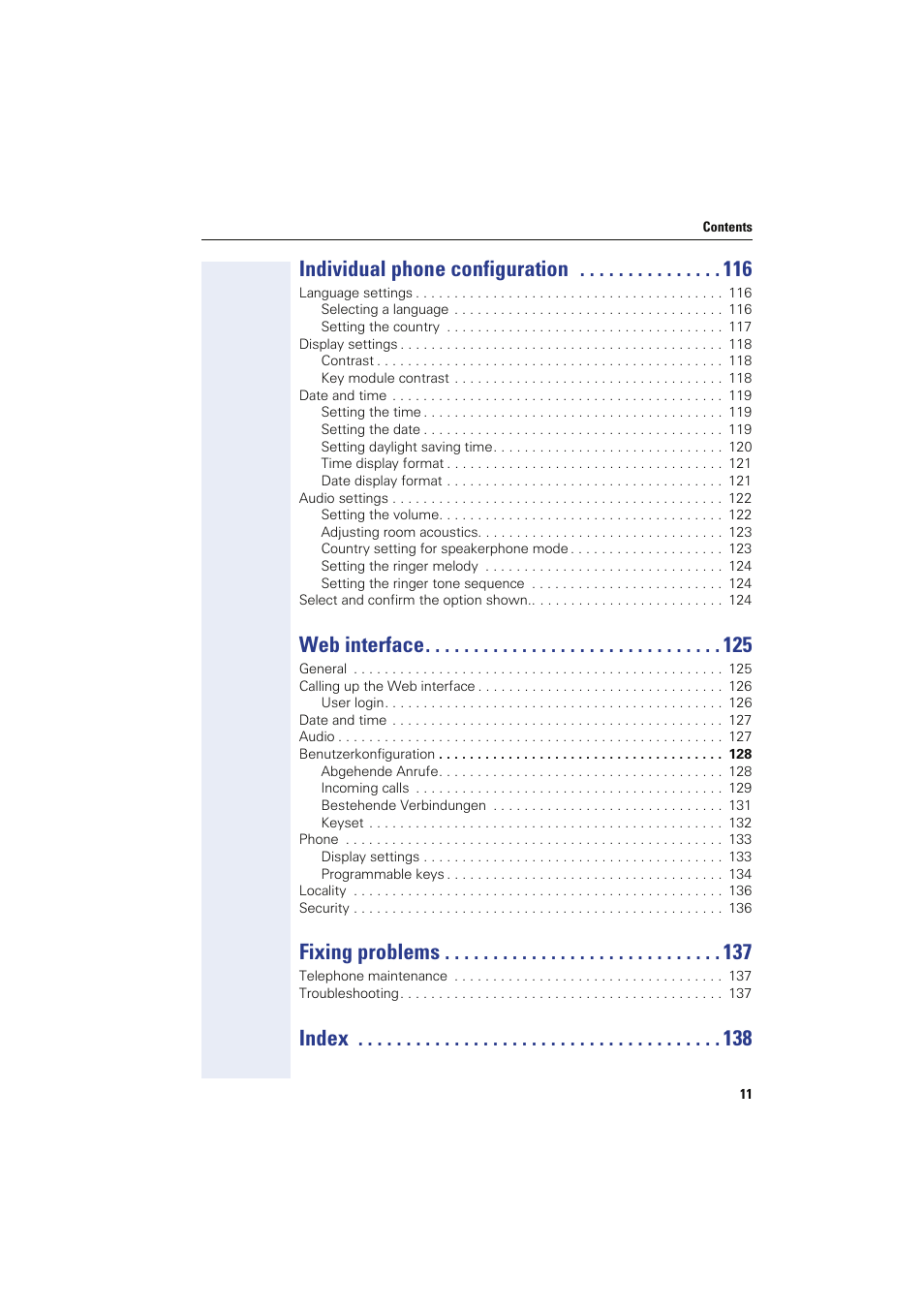 Individual phone configuration, Web interface, Fixing problems | Index | Sony HIPATH 8000 User Manual | Page 11 / 140