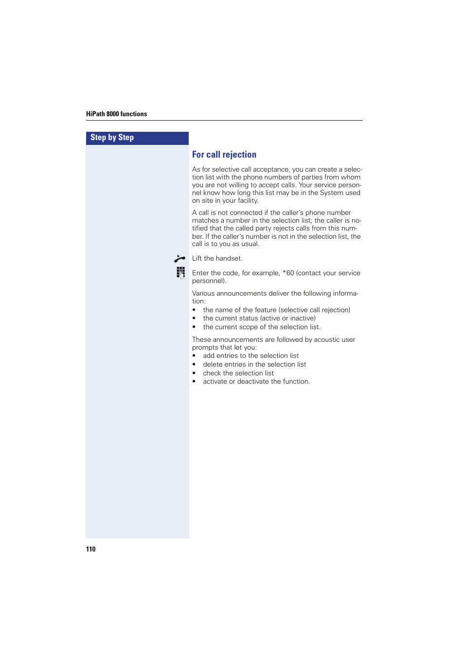 For call rejection | Sony HIPATH 8000 User Manual | Page 110 / 140