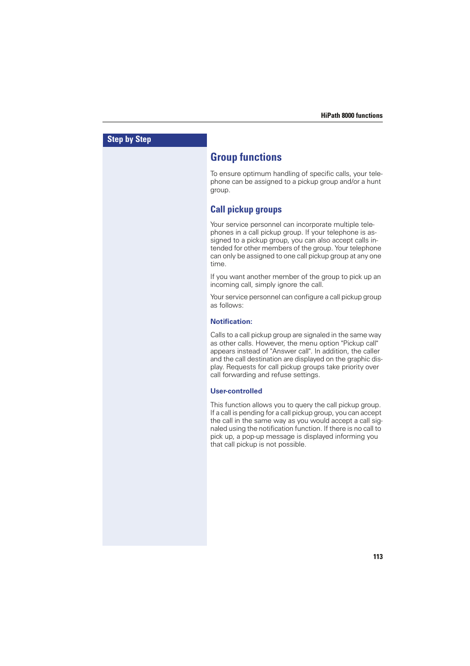 Group functions, Call pickup groups | Sony HIPATH 8000 User Manual | Page 113 / 140