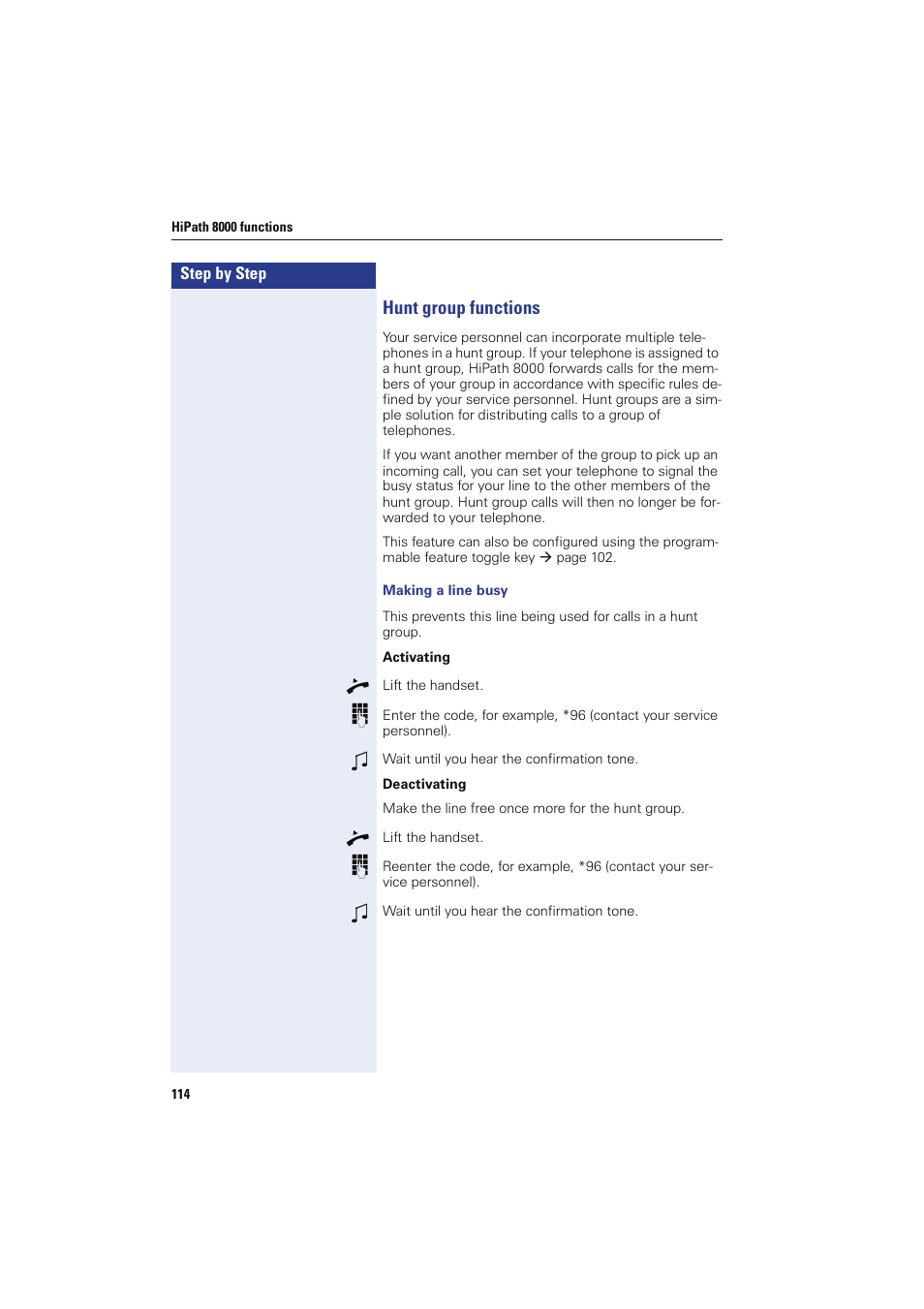 Hunt group functions, R hunt group, Functions | Sony HIPATH 8000 User Manual | Page 114 / 140