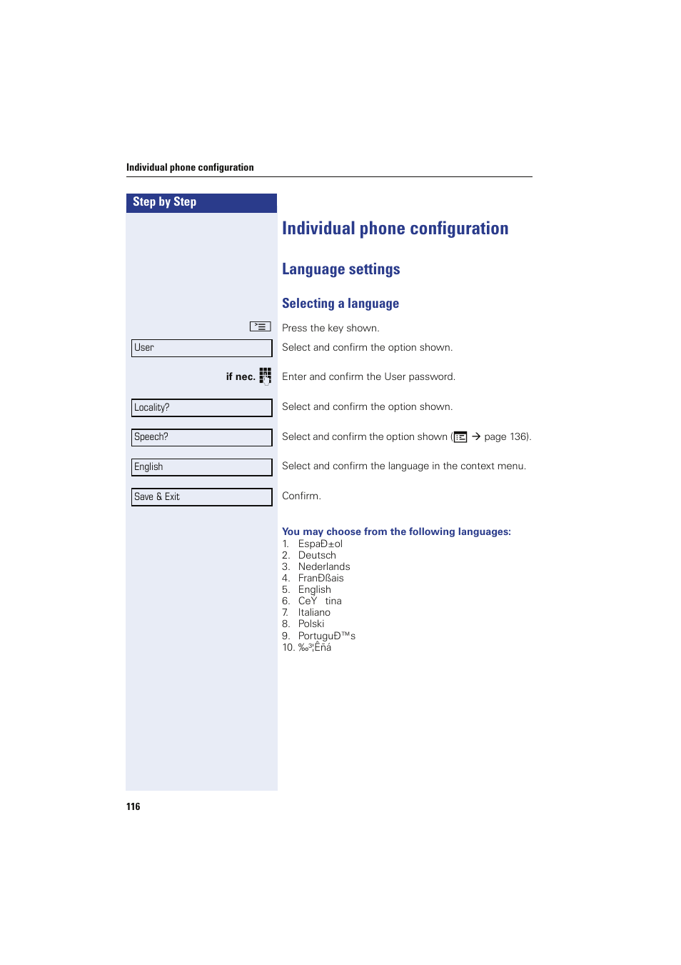 Individual phone configuration, Language settings, Selecting a language | Sony HIPATH 8000 User Manual | Page 116 / 140