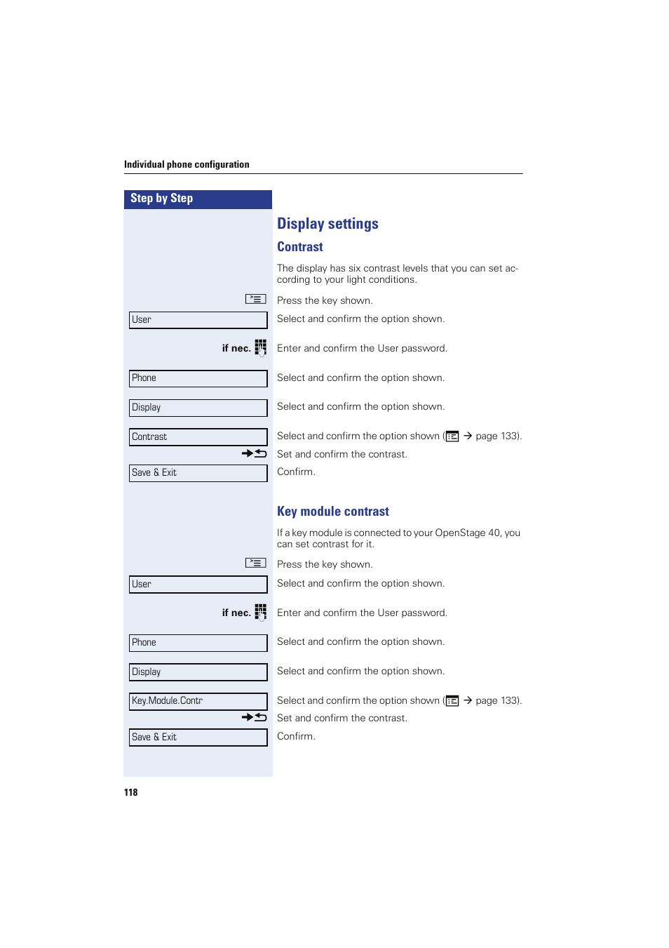 Display settings, Contrast, Key module contrast | Contrast key module contrast | Sony HIPATH 8000 User Manual | Page 118 / 140