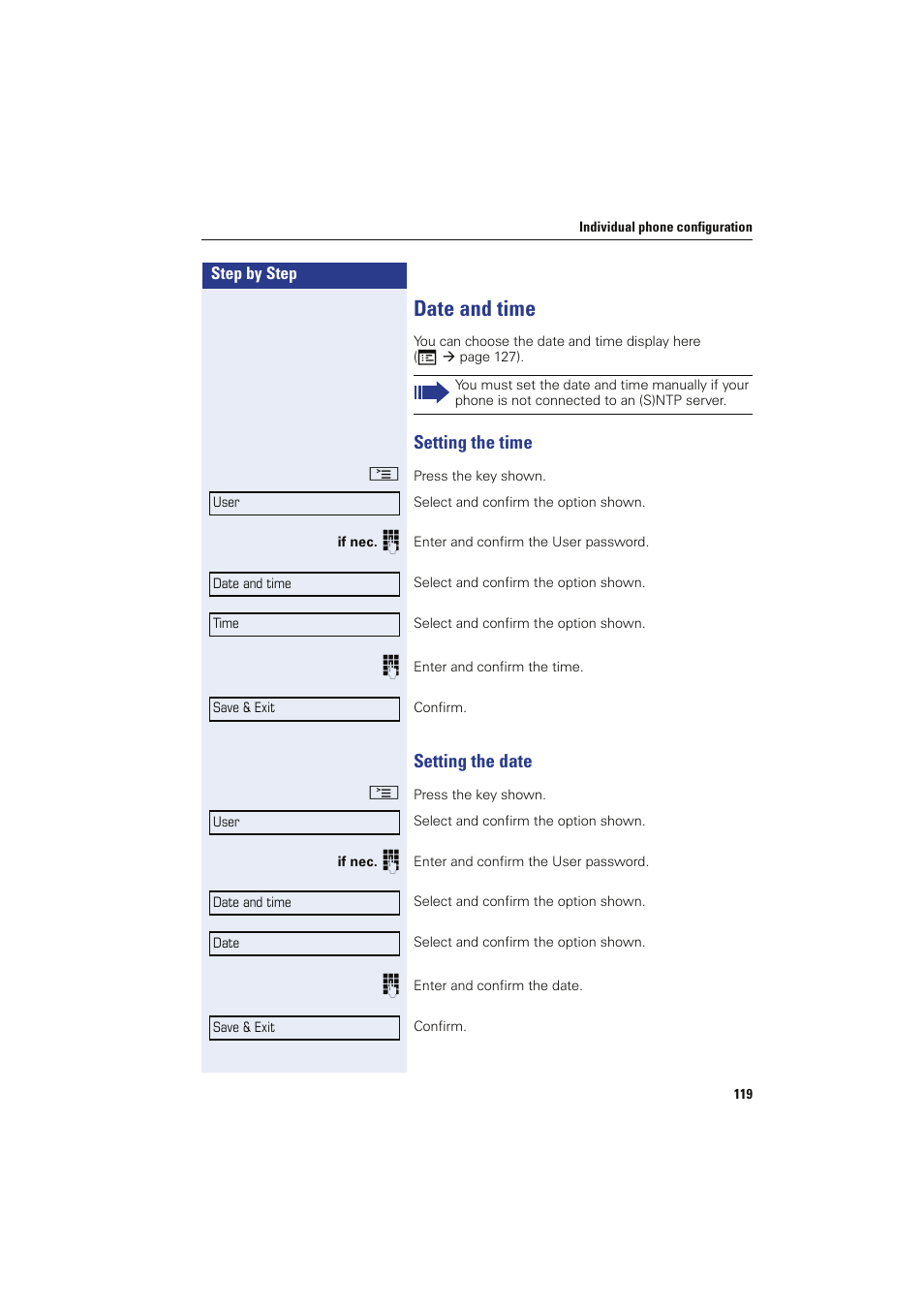 Date and time, Setting the time, Setting the date | Setting the time setting the date | Sony HIPATH 8000 User Manual | Page 119 / 140