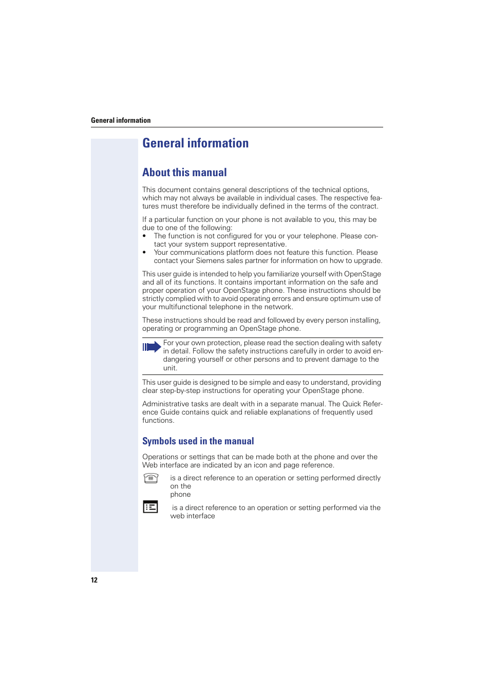 General information, About this manual, Symbols used in the manual | Sony HIPATH 8000 User Manual | Page 12 / 140