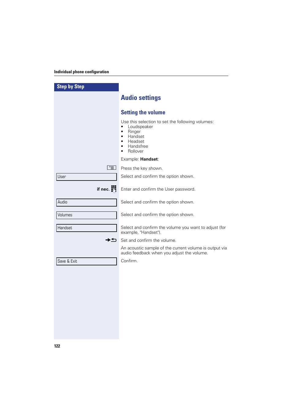 Audio settings, Setting the volume | Sony HIPATH 8000 User Manual | Page 122 / 140