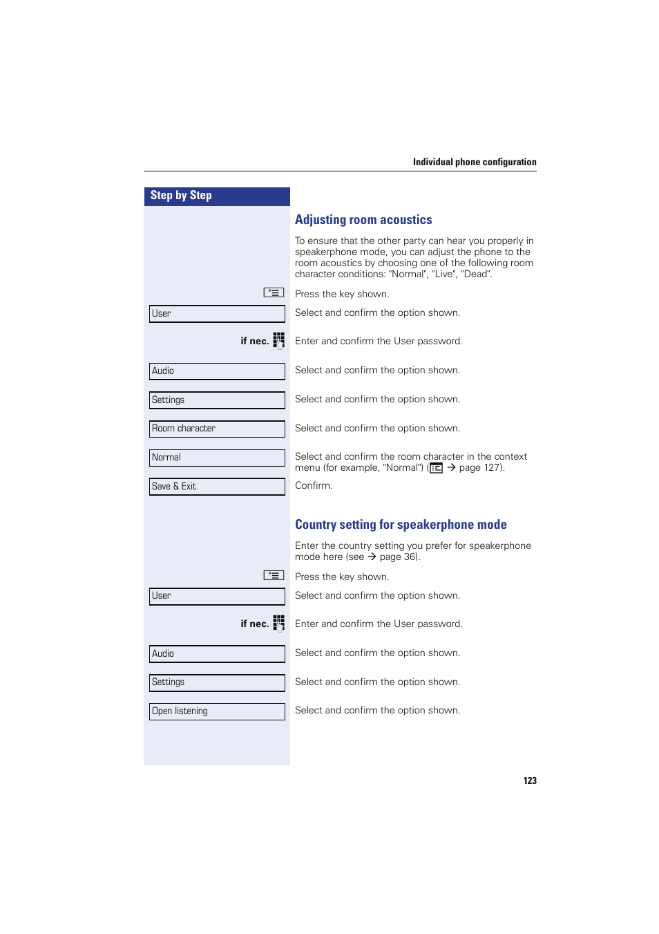 Adjusting room acoustics, Country setting for speakerphone mode | Sony HIPATH 8000 User Manual | Page 123 / 140