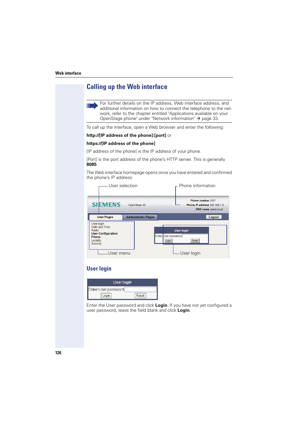 Calling up the web interface, User login | Sony HIPATH 8000 User Manual | Page 126 / 140