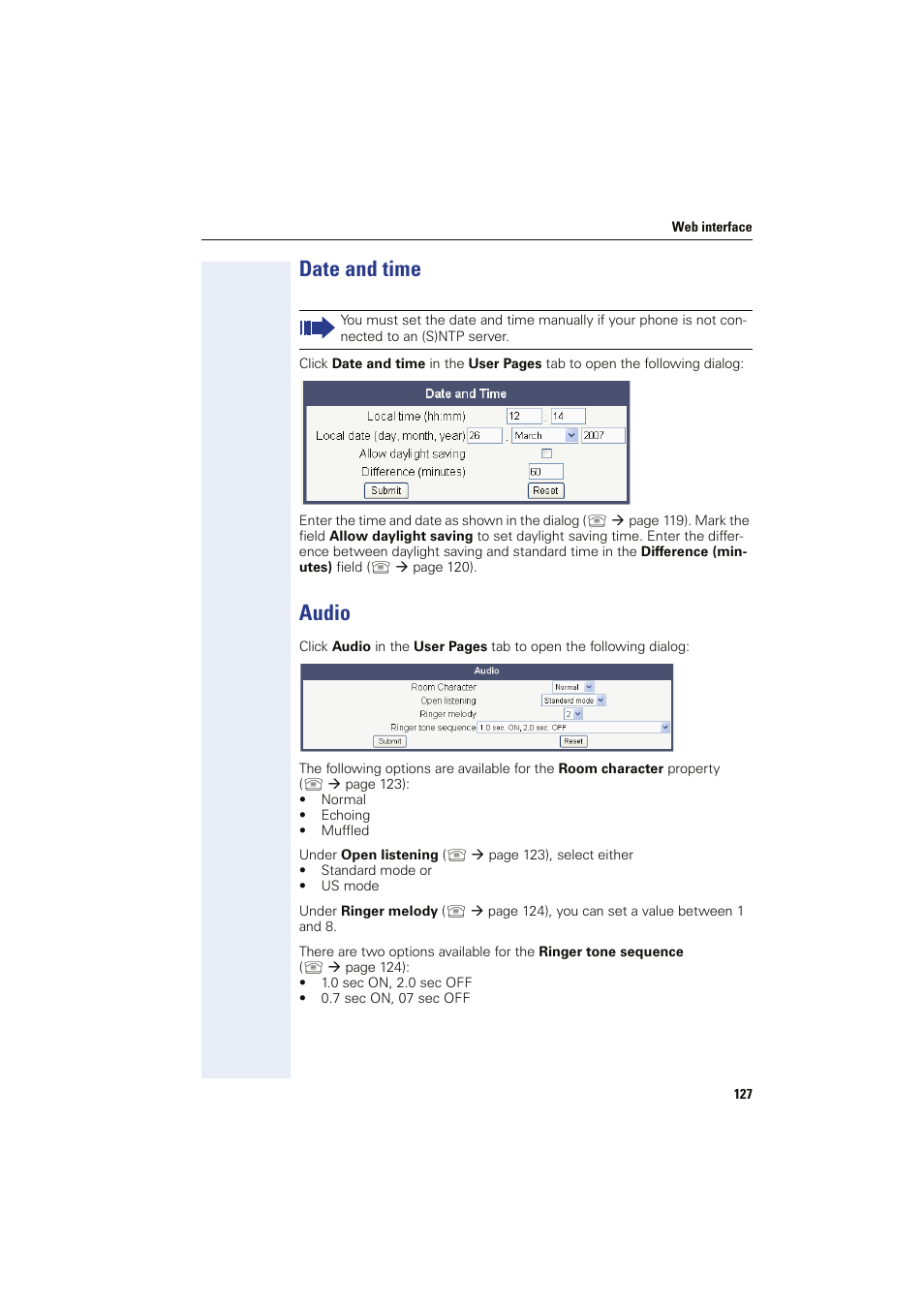 Date and time, Audio, Date and time audio | Sony HIPATH 8000 User Manual | Page 127 / 140