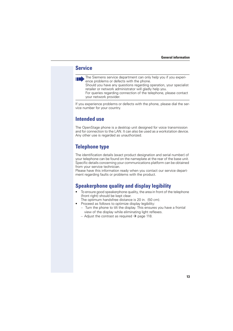 Service, Intended use, Telephone type | Speakerphone quality and display legibility | Sony HIPATH 8000 User Manual | Page 13 / 140