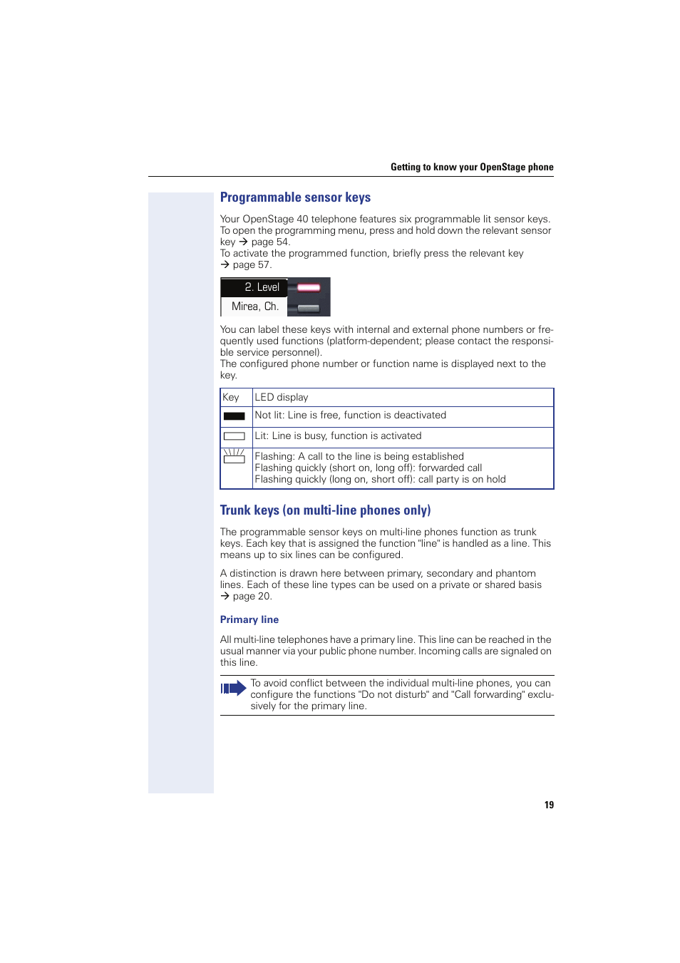 Programmable sensor keys, Trunk keys (on multi-line phones only) | Sony HIPATH 8000 User Manual | Page 19 / 140