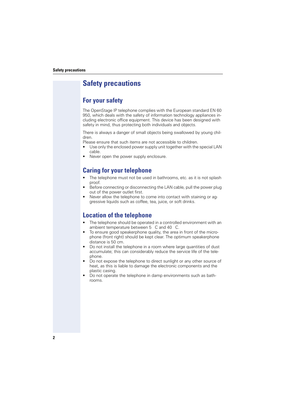 Safety precautions, For your safety, Caring for your telephone | Location of the telephone | Sony HIPATH 8000 User Manual | Page 2 / 140