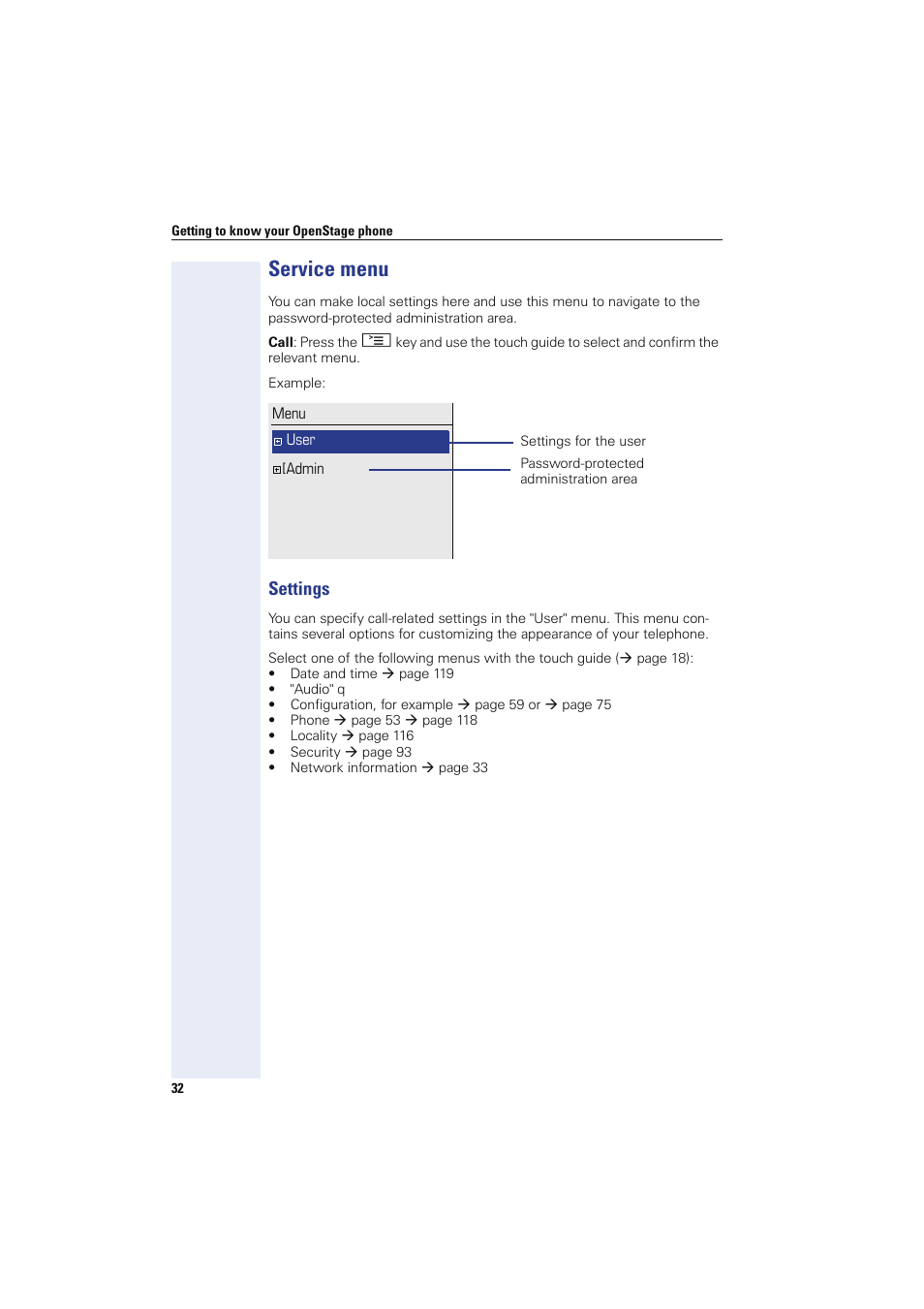 Service menu, Settings | Sony HIPATH 8000 User Manual | Page 32 / 140