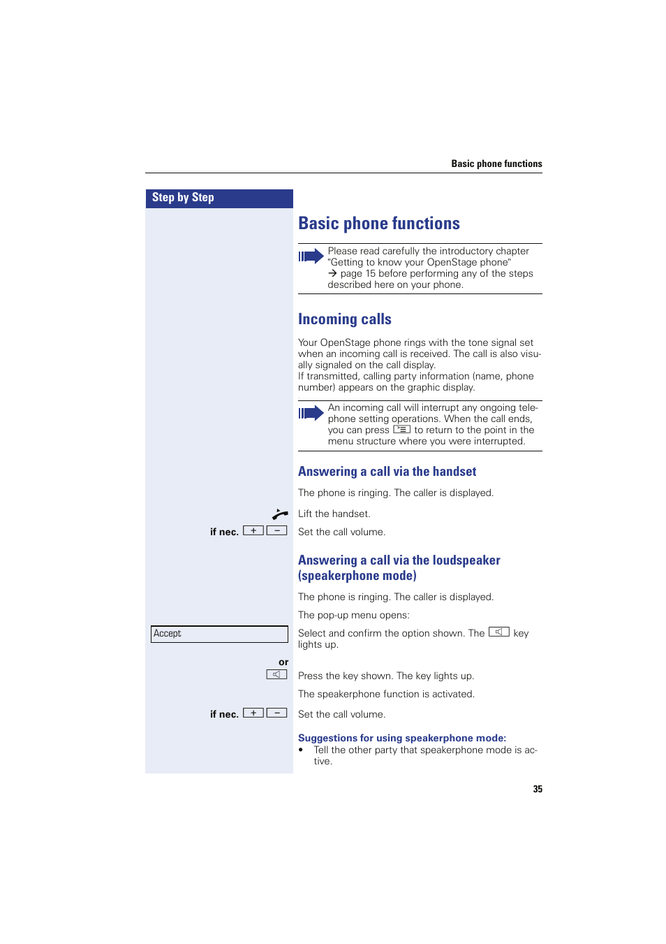 Basic phone functions, Incoming calls, Answering a call via the handset | Sony HIPATH 8000 User Manual | Page 35 / 140